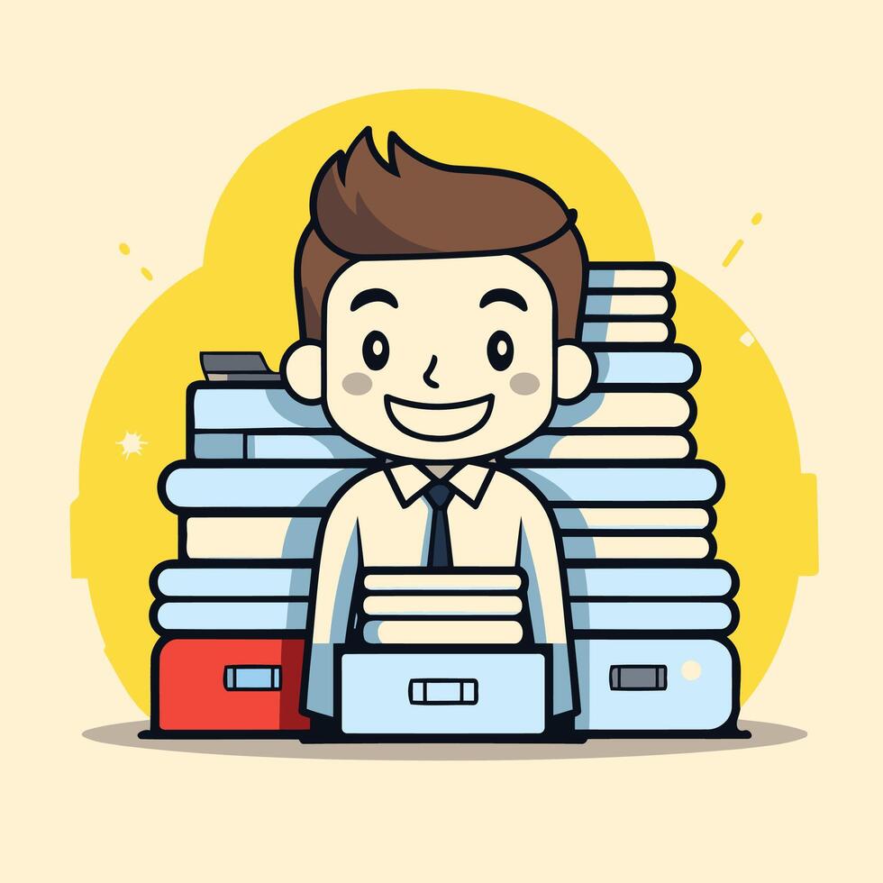 A cartoon man sitting on top of stacks of books vector