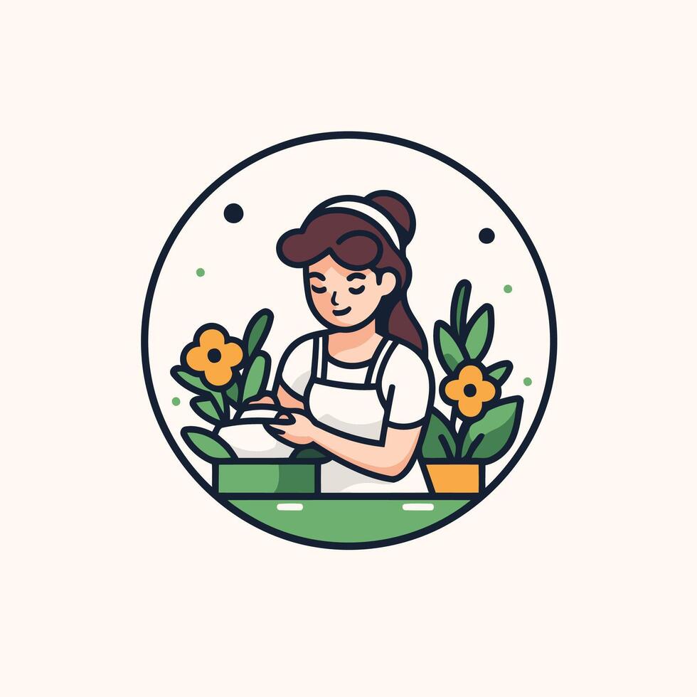 A woman in an apron is working on a flower pot vector