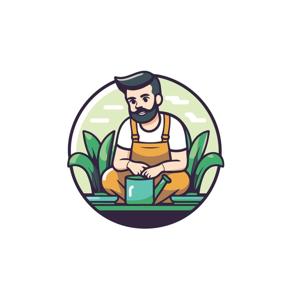 A man with a beard sitting in a field with a watering can vector