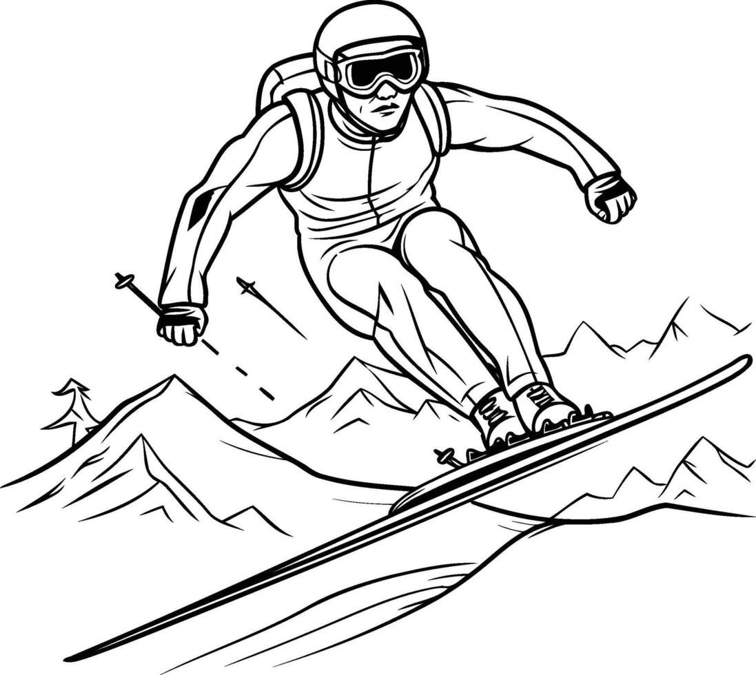 Skiing man in the air coloring page vector
