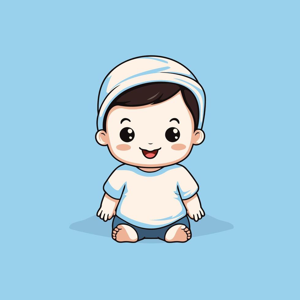 A cartoon baby sitting on the ground with a hat on vector