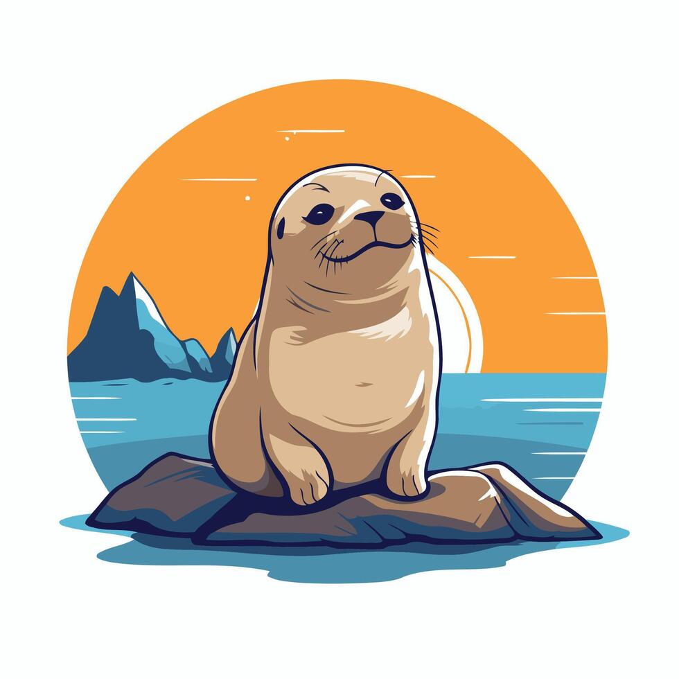 A seal sitting on a rock with the ocean in the background vector