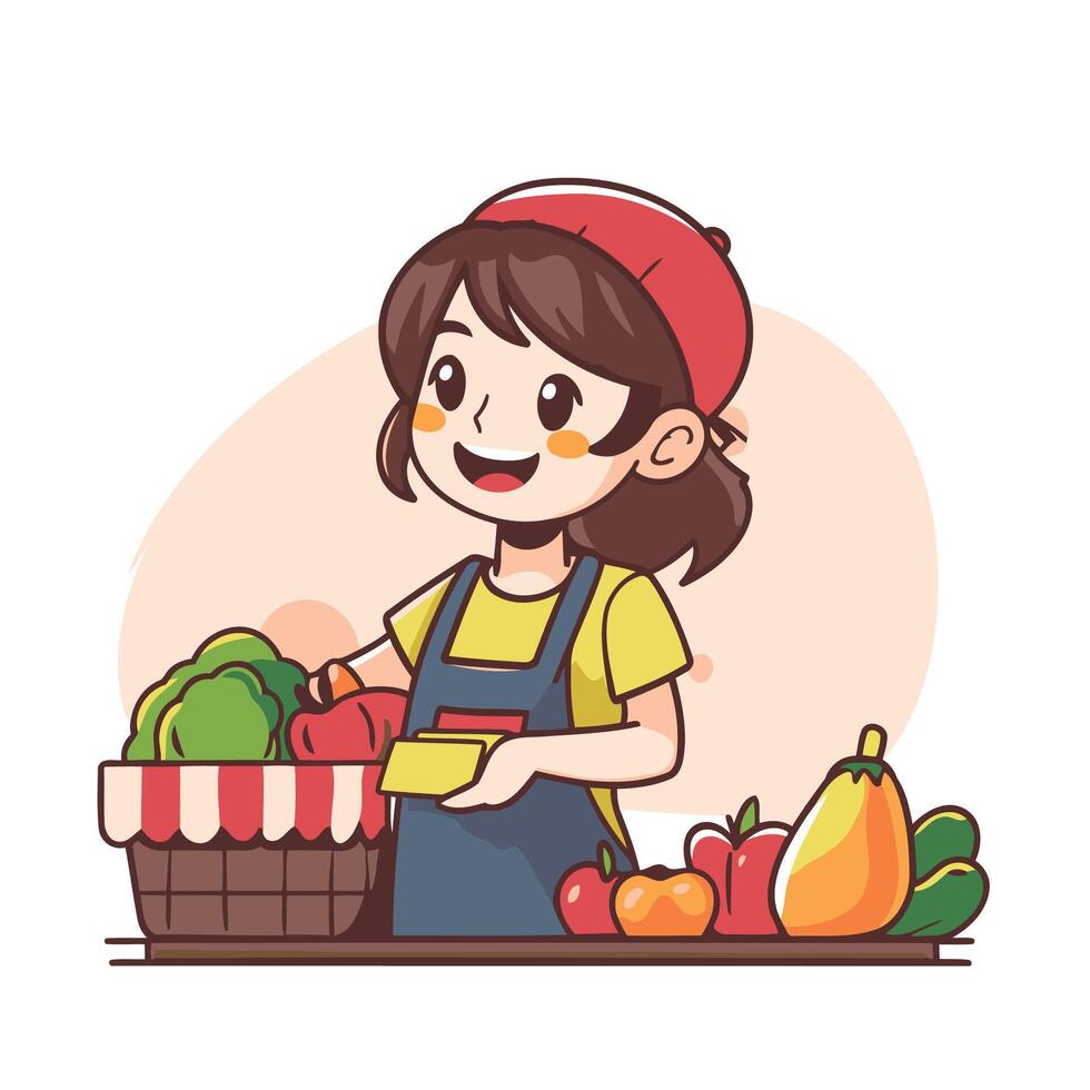 A woman in an apron is holding a basket of vegetables vector