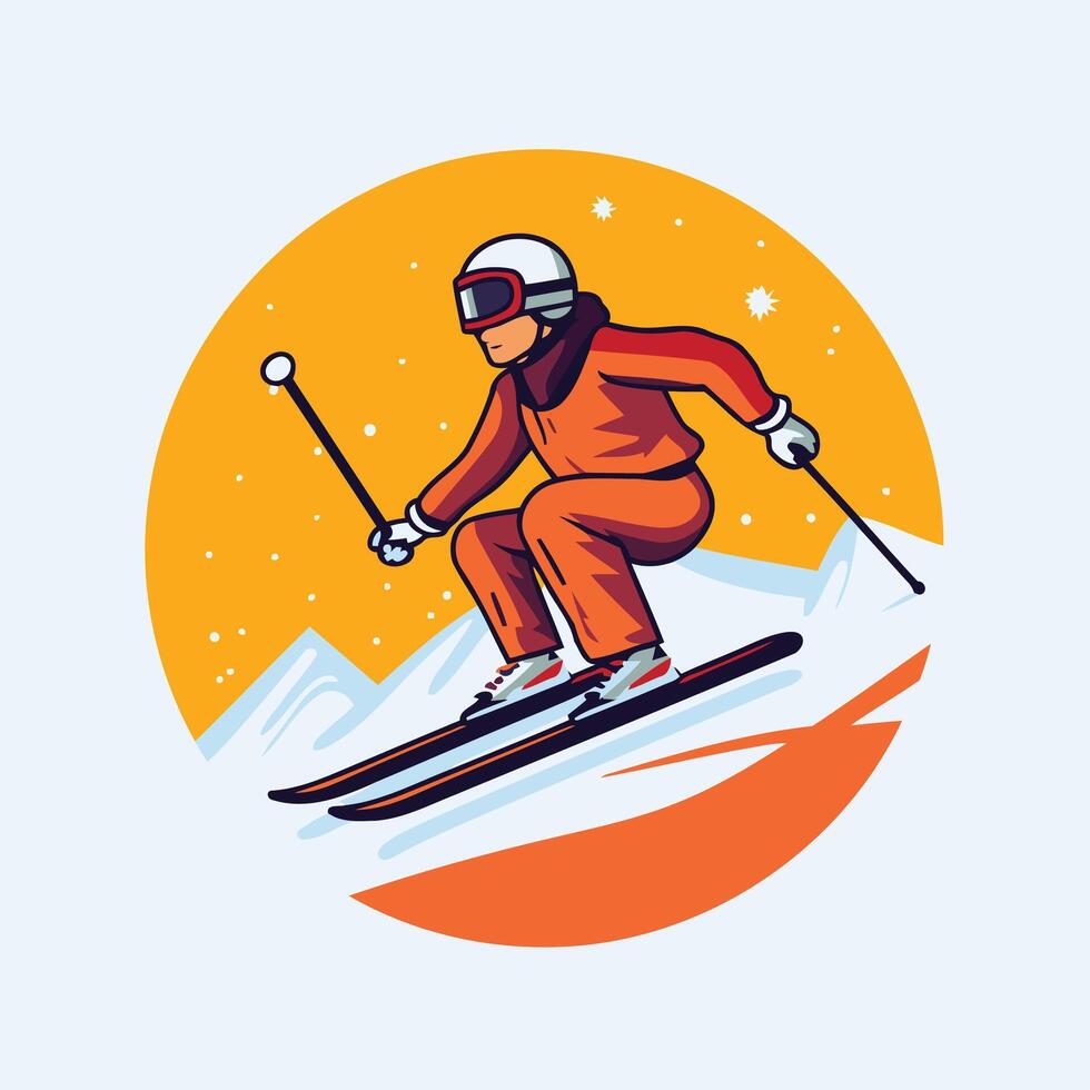A skier in orange is riding down a mountain vector