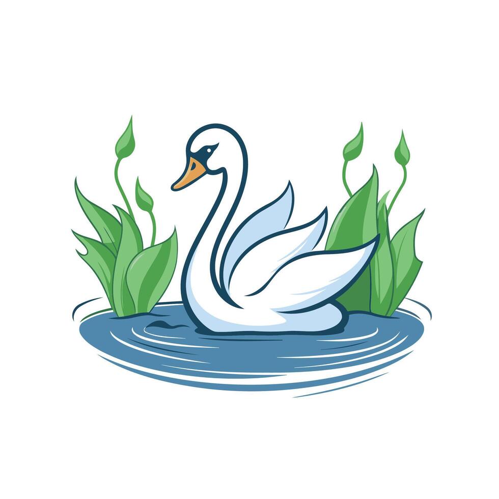 A white swan swimming in the water with green plants vector