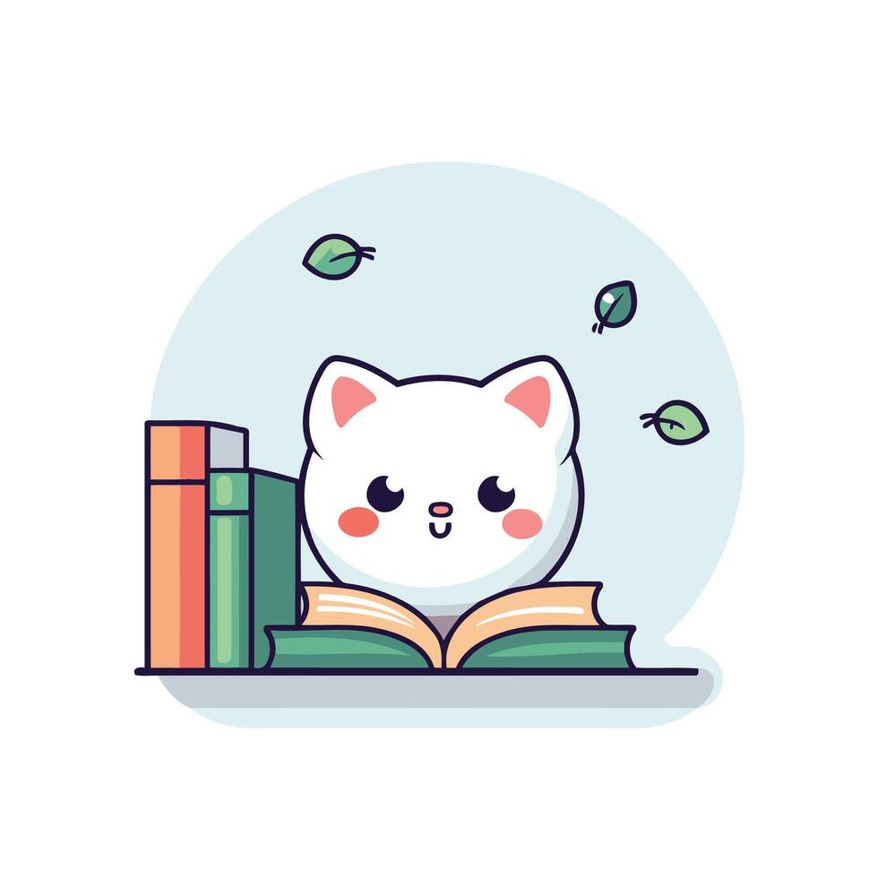 A cat is reading a book on a shelf with leaves vector