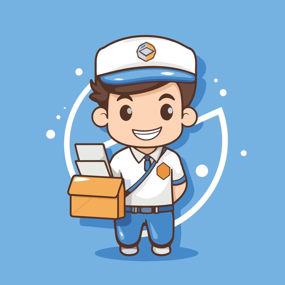 Cartoon postman holding a box and envelope vector