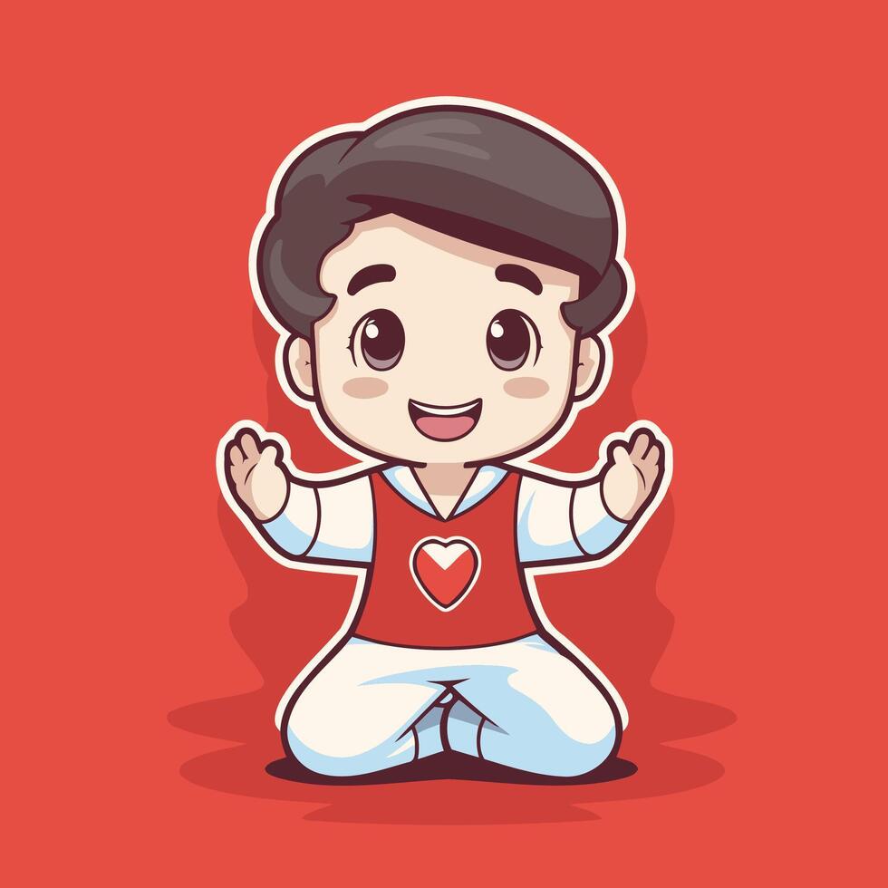 Cartoon boy sitting in lotus position with heart vector