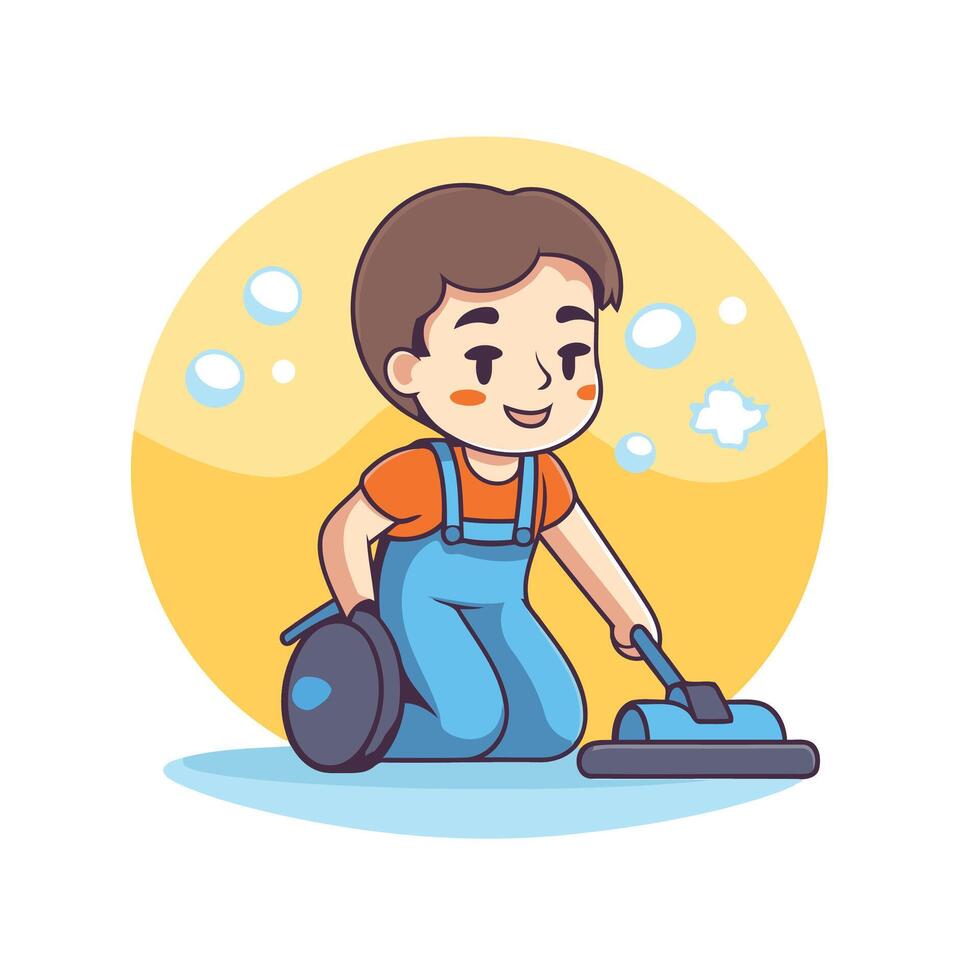 A cartoon boy cleaning the floor with a vacuum vector