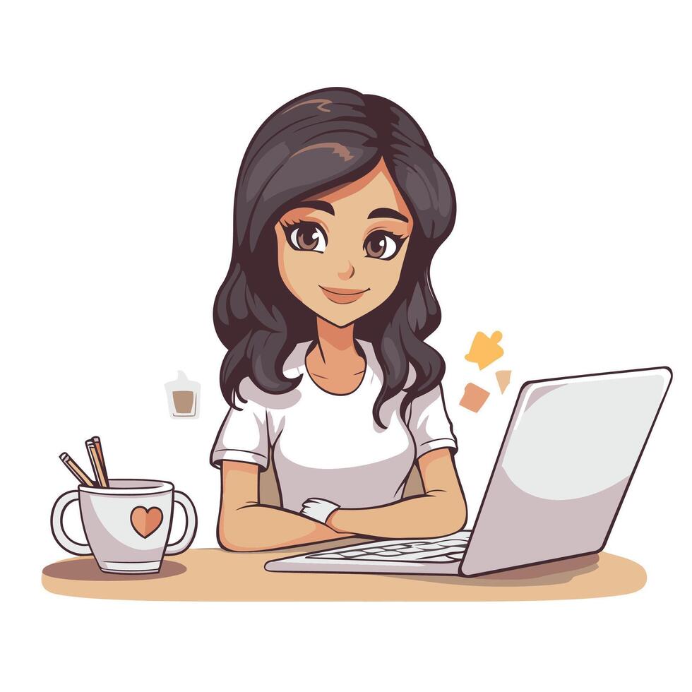 A cartoon woman sitting at a table with a laptop vector