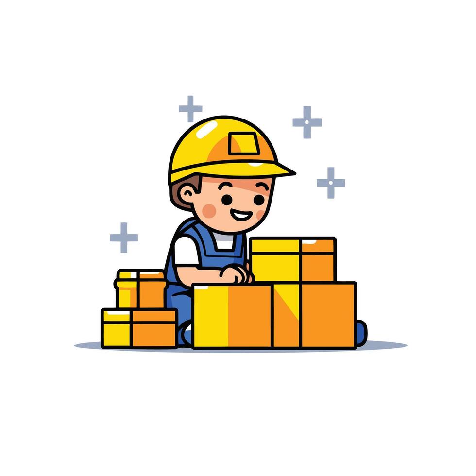 A cartoon worker sitting on top of boxes vector