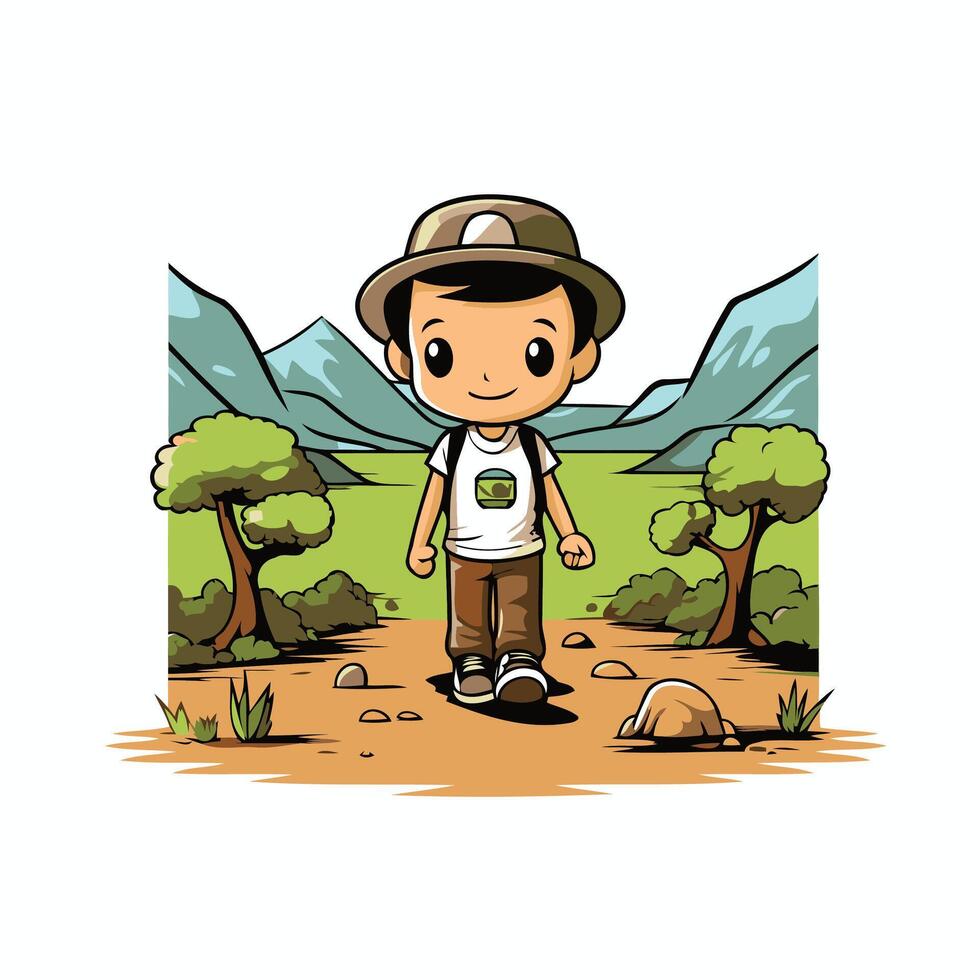 A cartoon boy with a backpack and hat standing in the woods vector