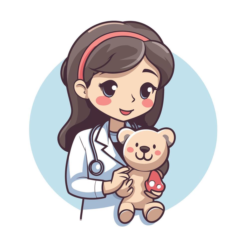 A cartoon doctor holding a teddy bear vector