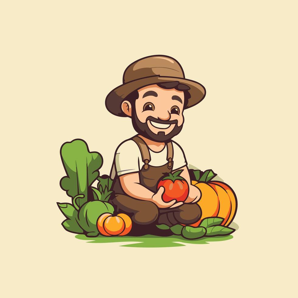 A cartoon farmer with a hat and hat sitting on the ground holding a tomato vector