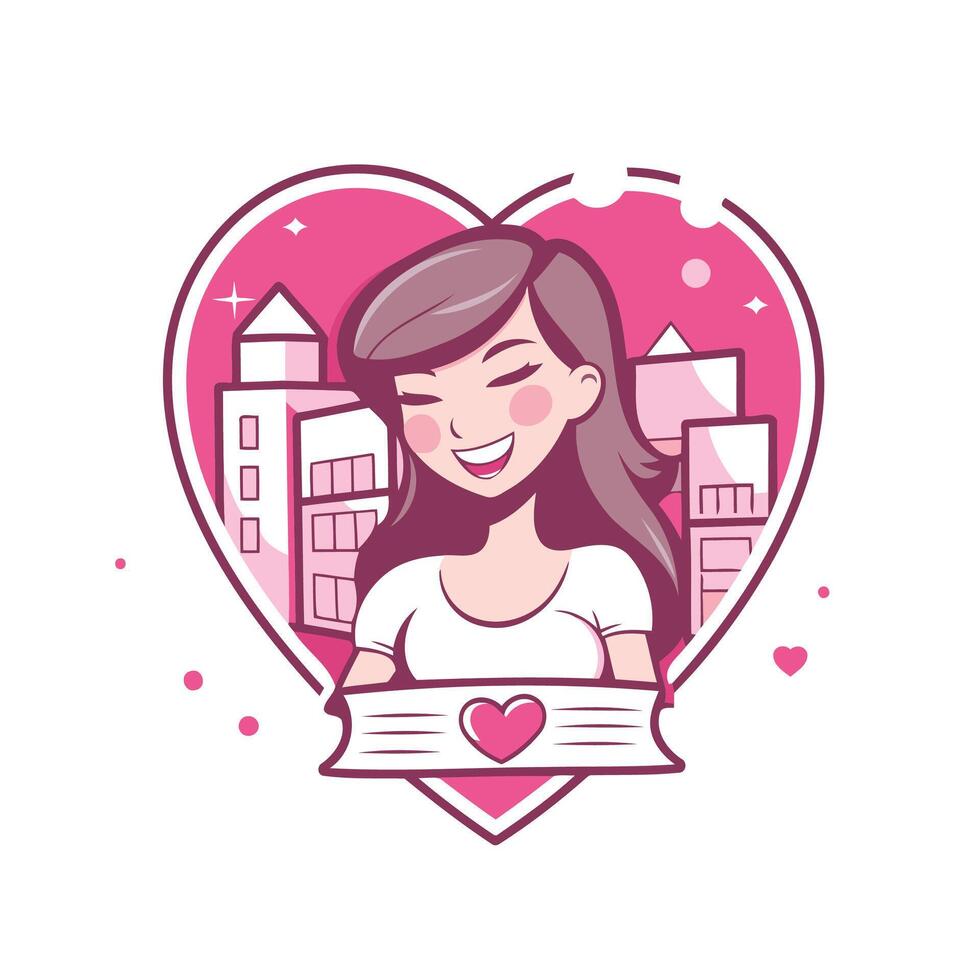 A cartoon girl with a heart in the middle of a city vector