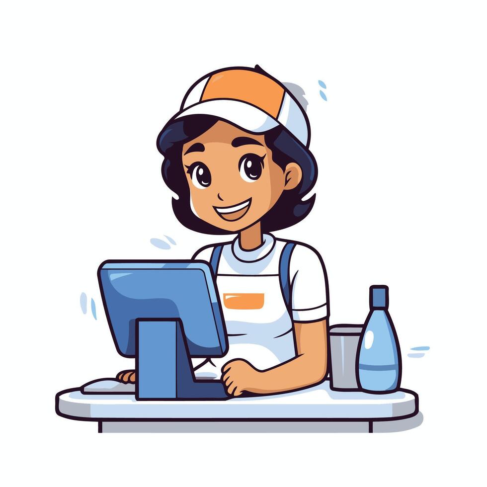 A woman in an apron is working at a computer vector