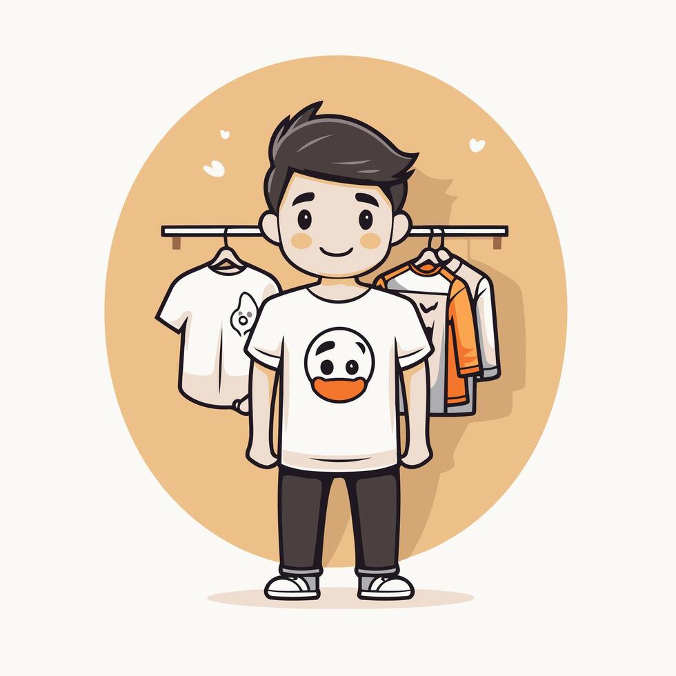 A cartoon man standing next to a rack of clothes vector