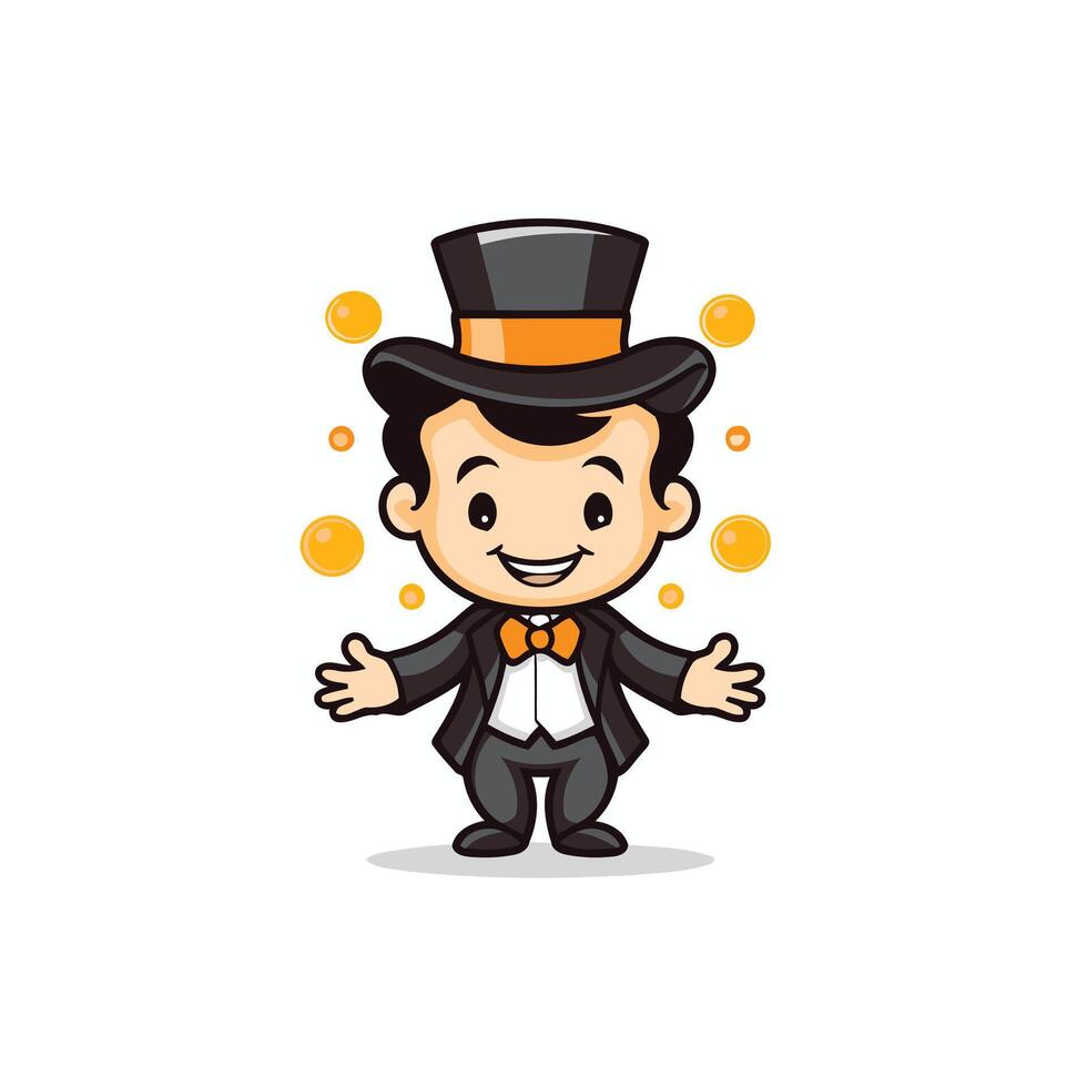 A cartoon magician with a top hat and bow tie vector