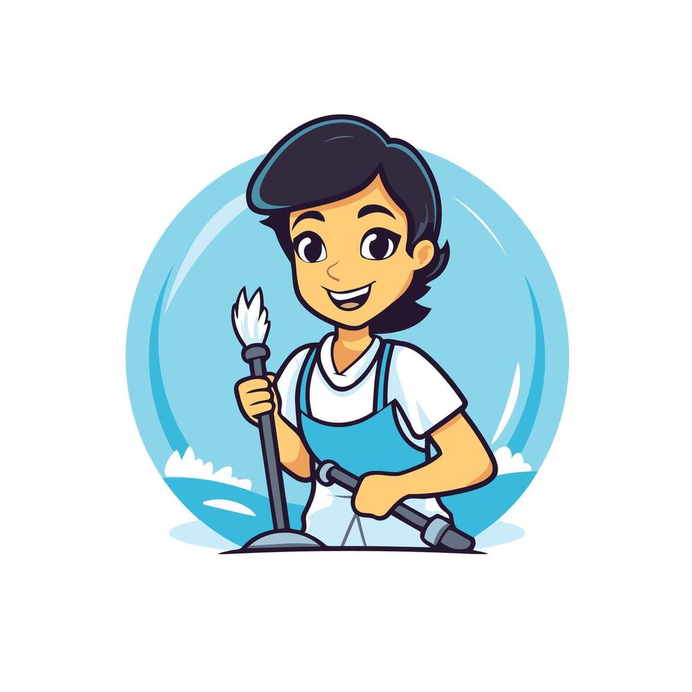A cartoon woman with a broom and mop vector