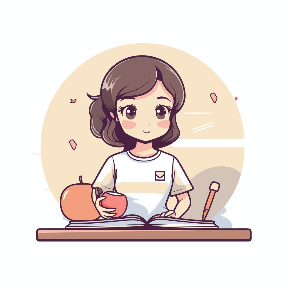 A girl is sitting at a desk with an apple and a pencil vector