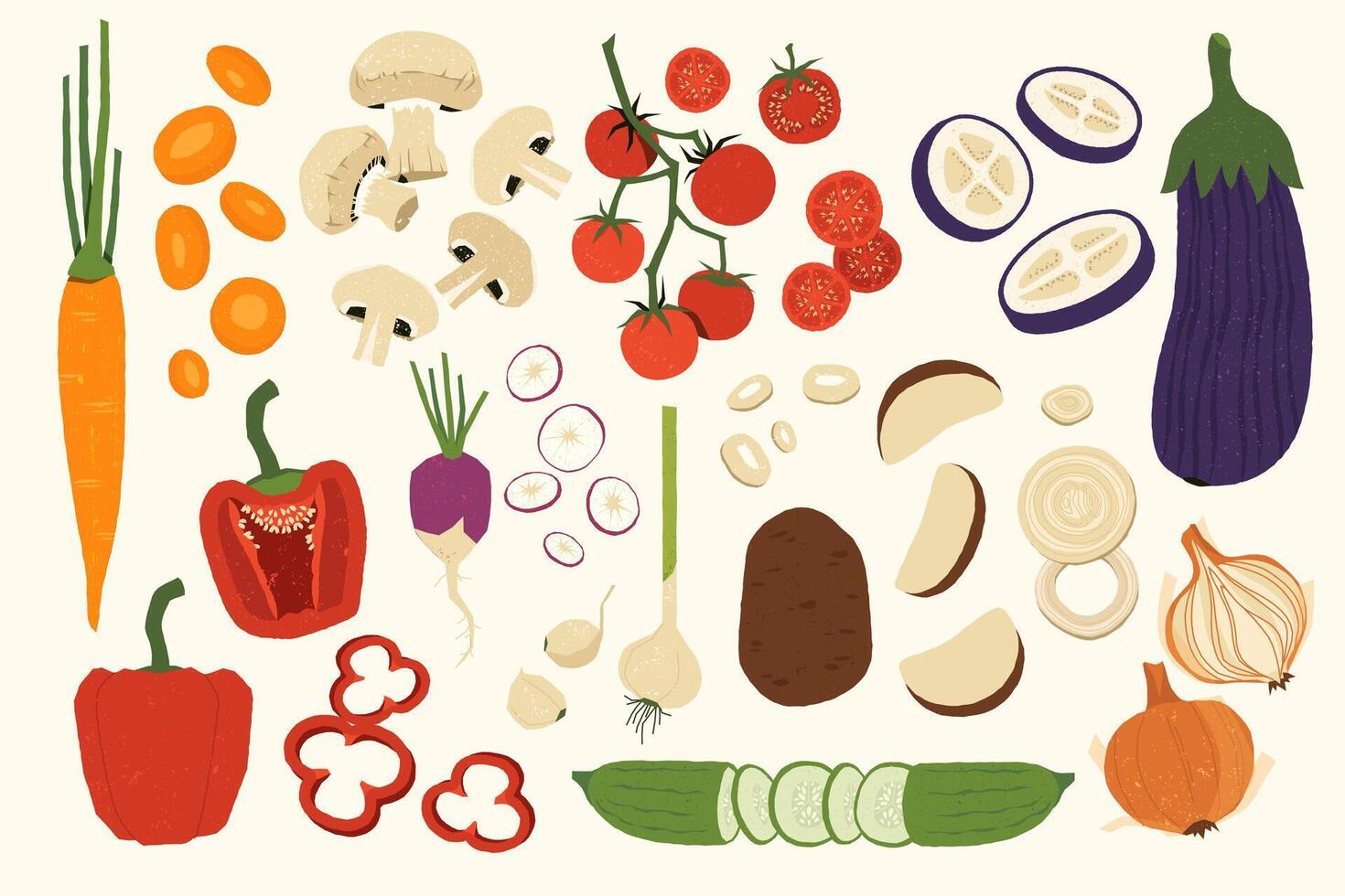 Sliced vegetables. Cartoon organic food ingredients, chopped and sliced onion cucumber tomato celery flat style healthy vegetarian diet concept. set vector