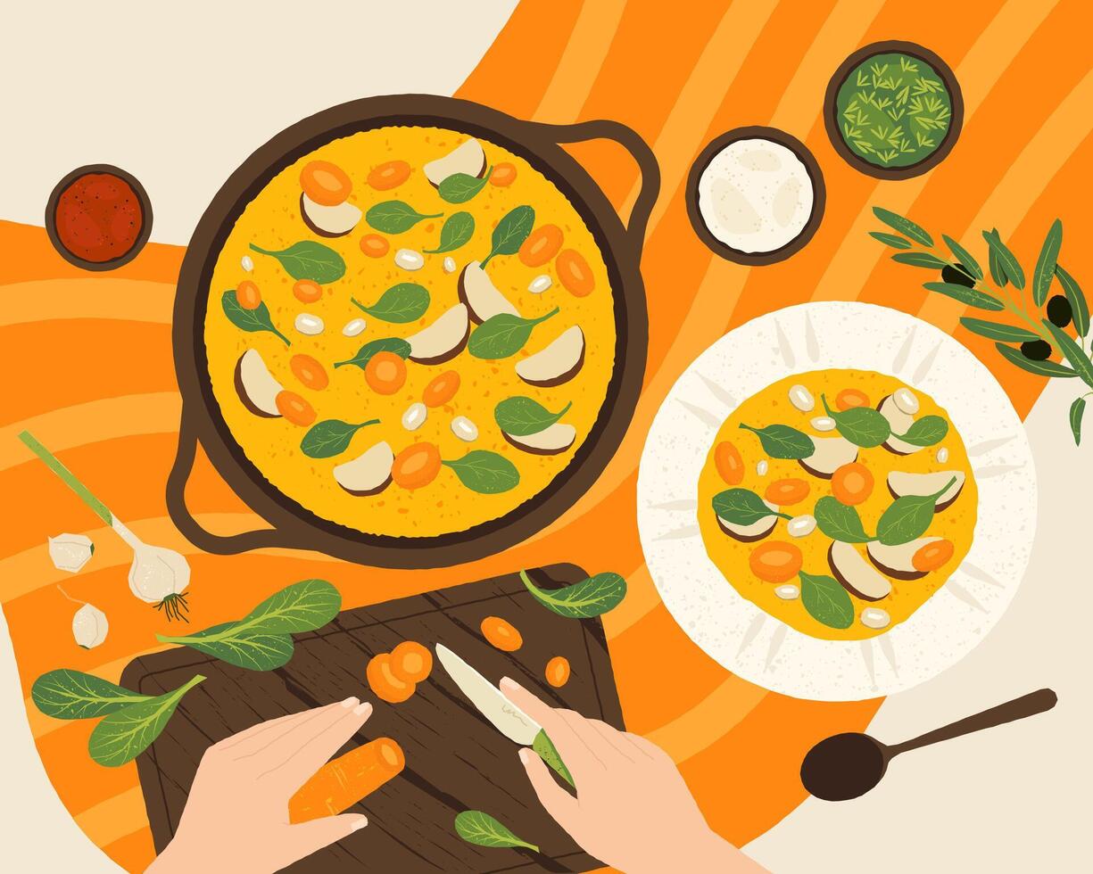 Cooking soup process. Cartoon pots with vegetable ingredients on fire, healthy homemade meal preparation, vegan soup in pan. flat illustration vector