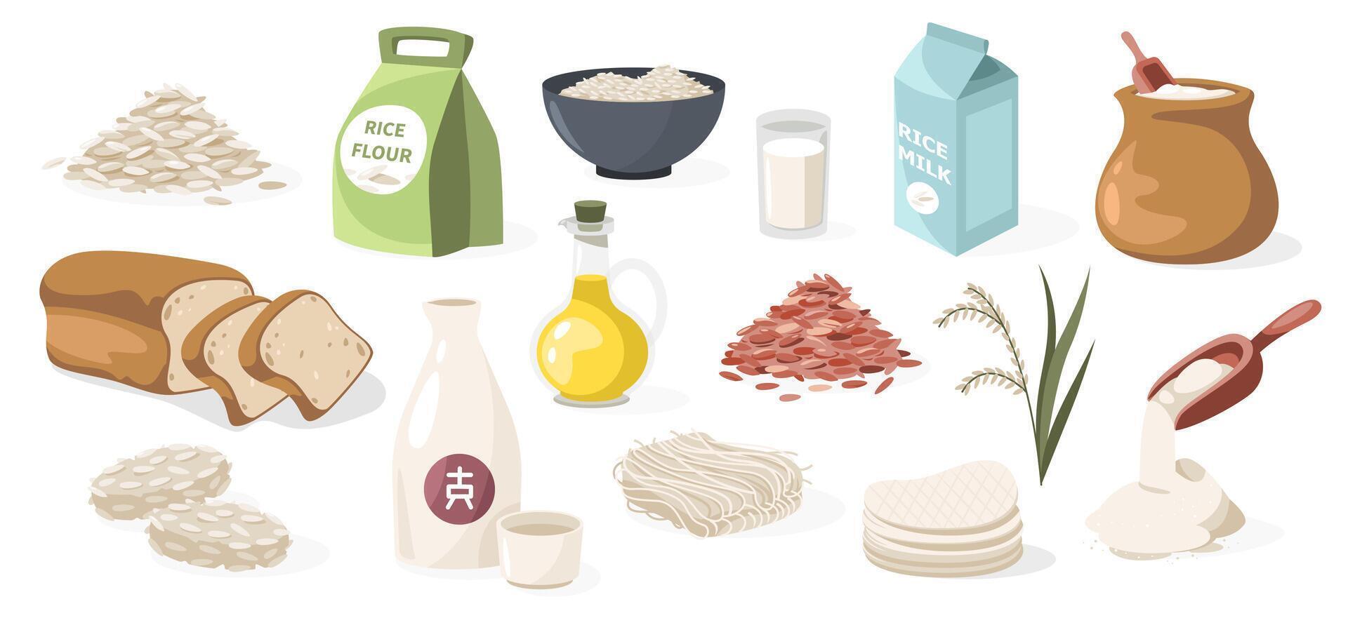 Rice collection. Cartoon bowl with cooked rice, glass with sake and bottle with rice flour, asian cereal ingredients. isolated set vector