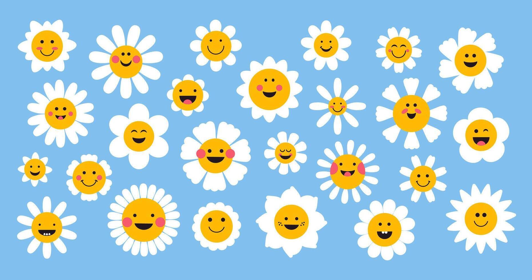 Groovy daisy flowers. Cartoon cute chamomile icons with funny faces and different emotions, positive comic floral blossom plants. set vector