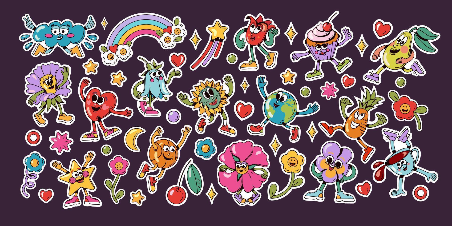 Groovy 70s stickers. Cartoon vintage 60s 70s retro style groovy emblems with abstract flowers and retro hippie symbols. colorful set vector