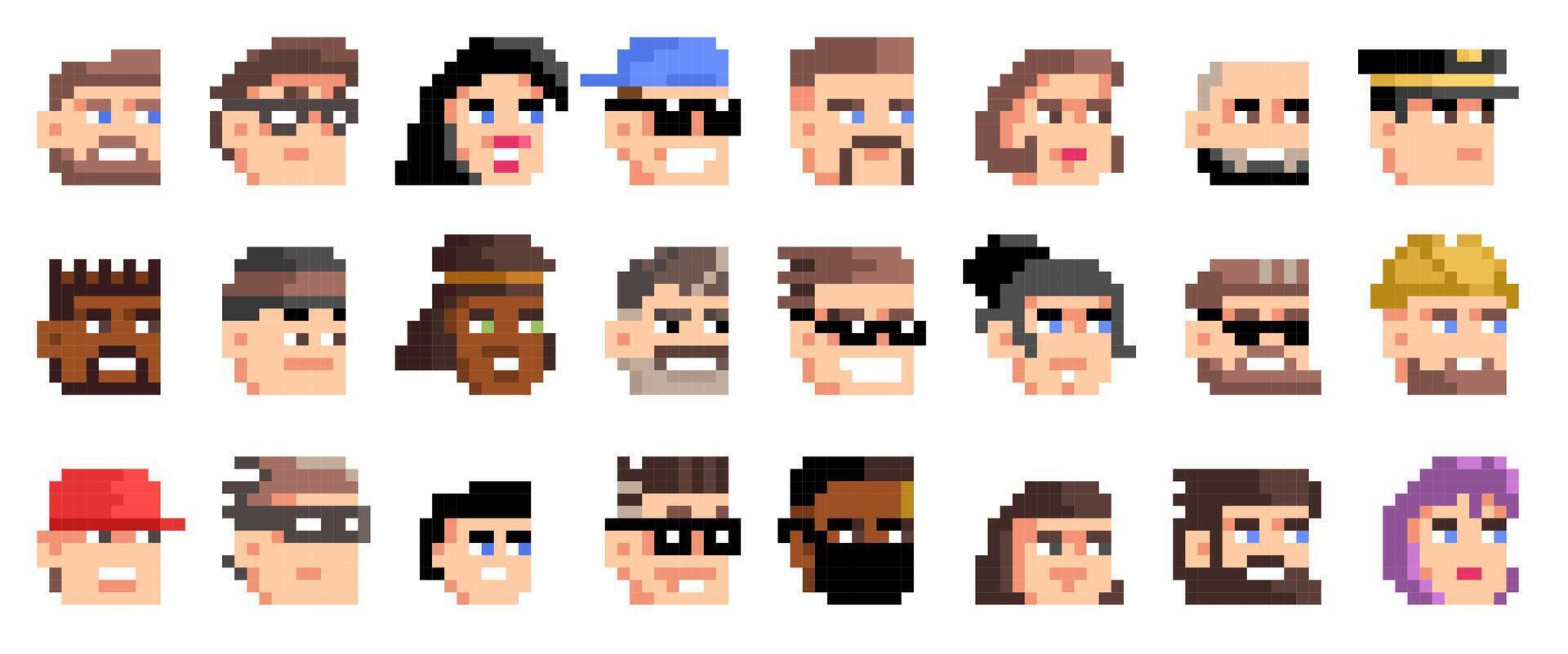 Pixel avatars. Retro 8 bit colorful characters, men and women avatar faces for game, comic book and website. isolated set vector