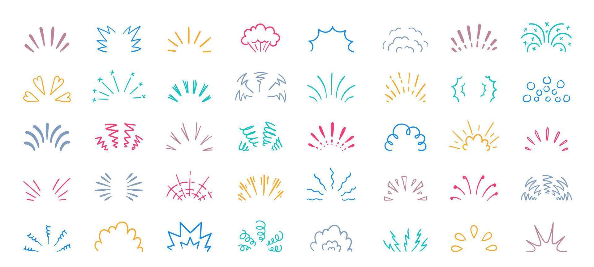 Doodle shine sunburst. Abstract retro sun rays elements with sparkle, decorative hand drawn sunburst for background design. isolated set vector