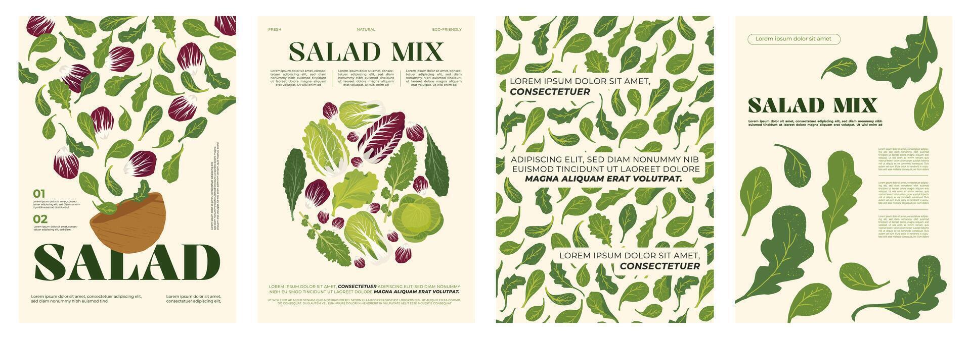 Fresh salad posters. Minimalist healthy food banners with green salad leaves, colorful vegetarian background for cover design. set vector