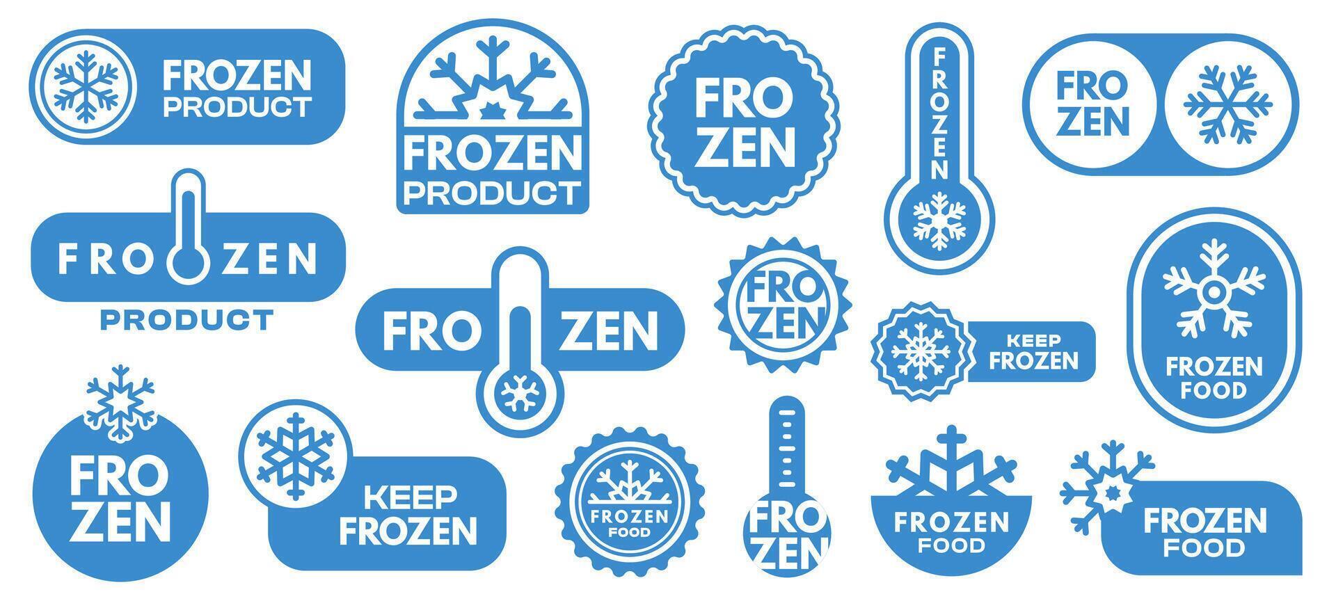 Frozen product label. Keep frozen icons with snowflake, ice cream and meat package, frozen food refrigerated temperature indicator. set vector
