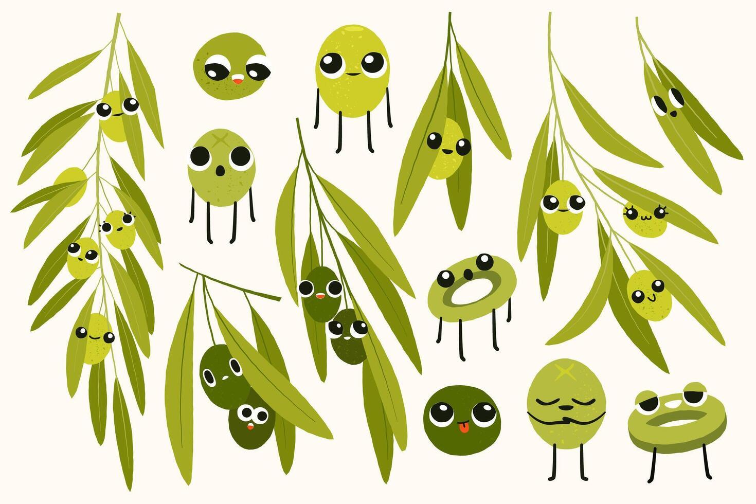 Cartoon olive characters. Cute organic smiley faces with different emotions, funny vegetable emoticons for comic game design. set vector
