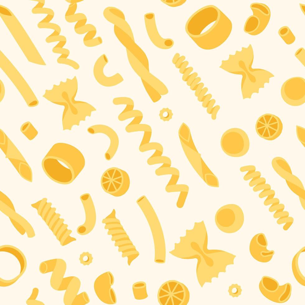 Cartoon pasta pattern. Seamless print of italian gluten food, doodle macaroni rigatoni shells fettuccine fusilli types. texture vector