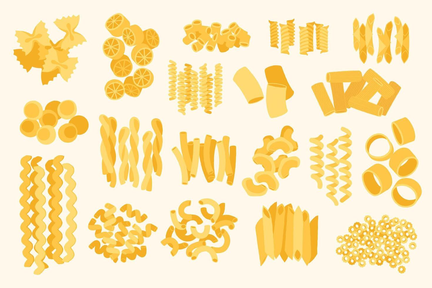 Italian pasta. Cartoon different types of dry macaroni and spaghetti, traditional Italian cuisine food for lunch or dinner. isolated set vector