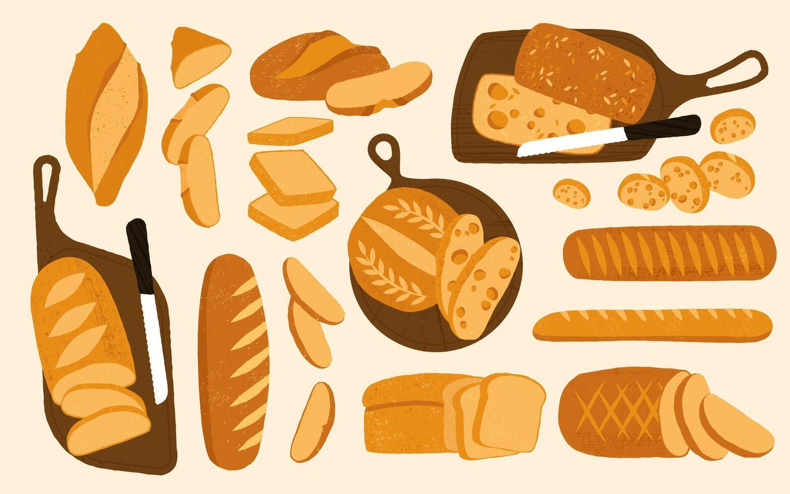 Cartoon sliced bread. Whole and cut baguette, french bakery products with slices, fresh baked dough food, sliced toasts. bakery set vector