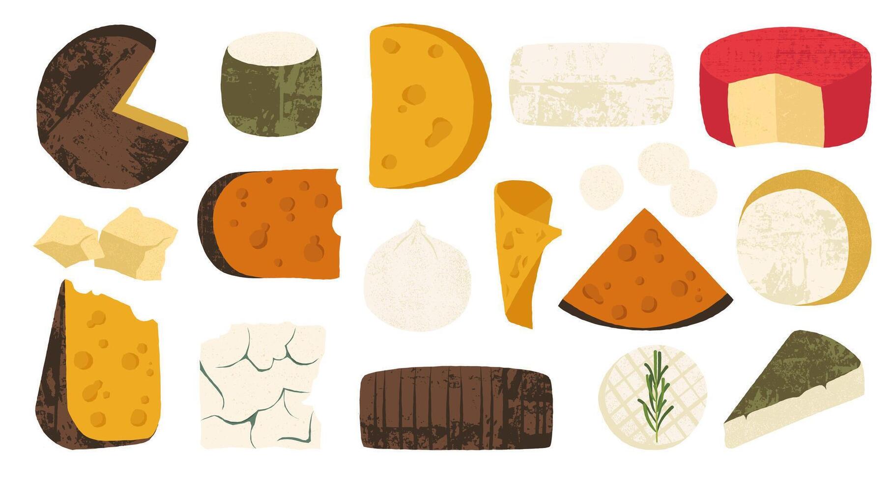 Cheese types. Different types of cheese, swiss gouda roquefort brie blue mozzarella parmesan cheddar, gourmet food for restaurant menu. set vector