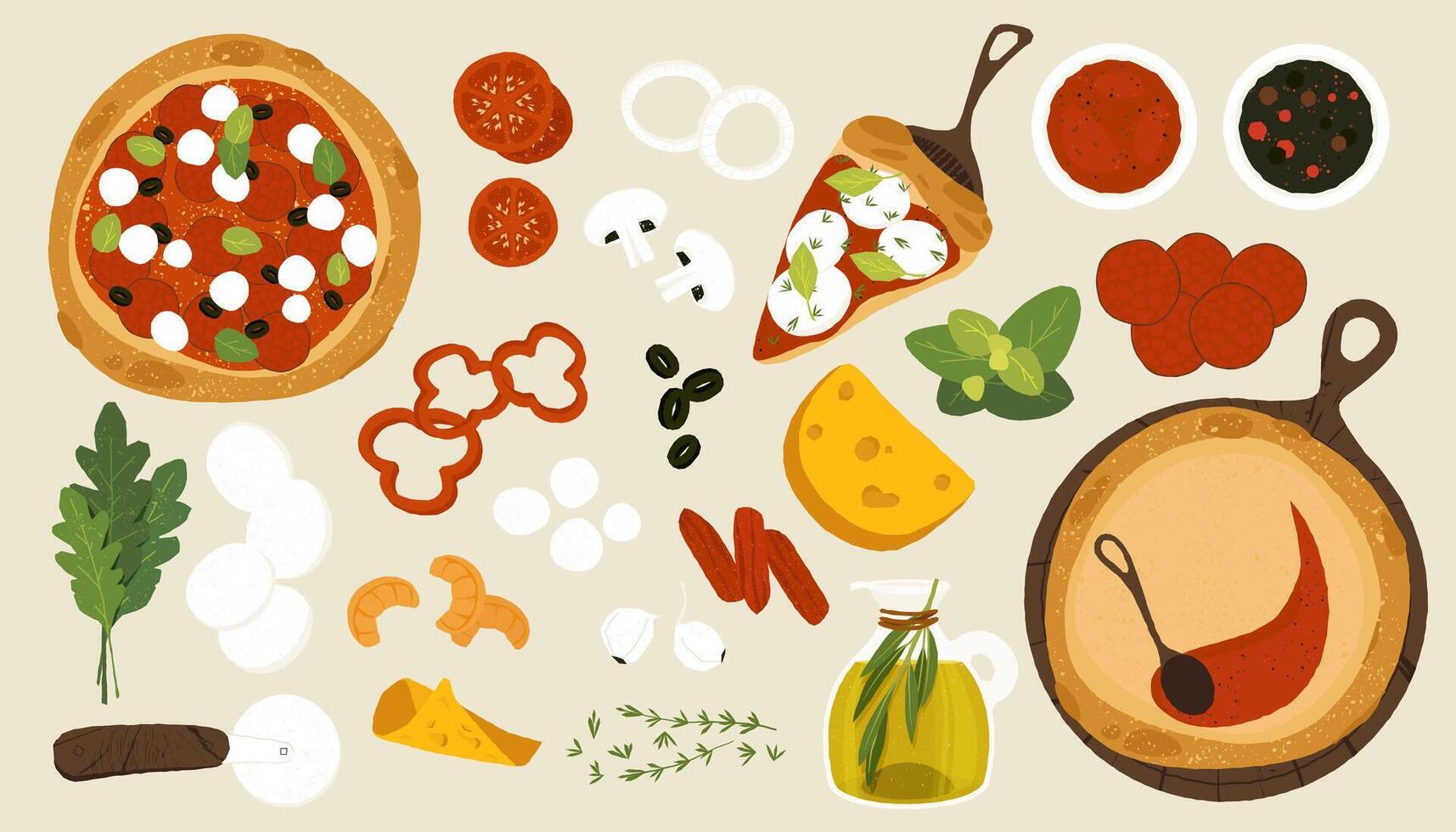 Pizza ingredients. Cartoon pizza with cheese, tomato sauce, pepperoni and mushrooms, italian homemade food flat style. isolated set vector