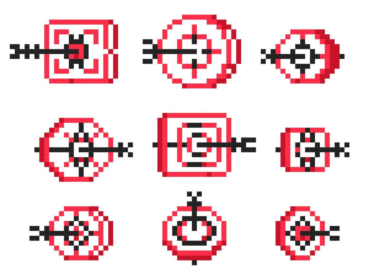 Pixel target and arrow. Retro 8 bit game sprite asset, simple old school bullseye hit and accuracy concept. isolated collection vector