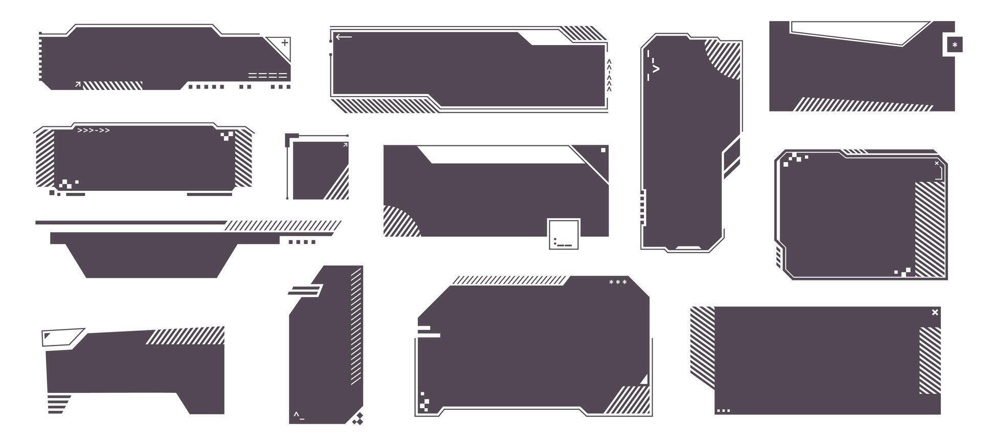 Futuristic text boxes. Abstract digital interface textbox with geometric borders futuristic HUD virtual game frame panel, modern UI dashboard window with controls and callout callouts. set vector