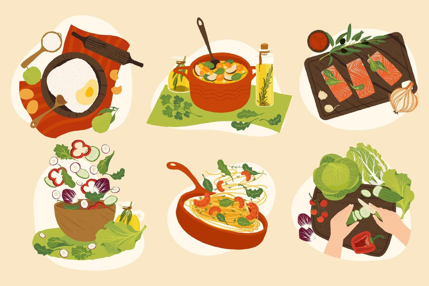 Cooking food concepts. Cartoon kitchen utensils and appliances, chef preparing meal, hands mixing bowl whisk, pots and pans. flat set vector
