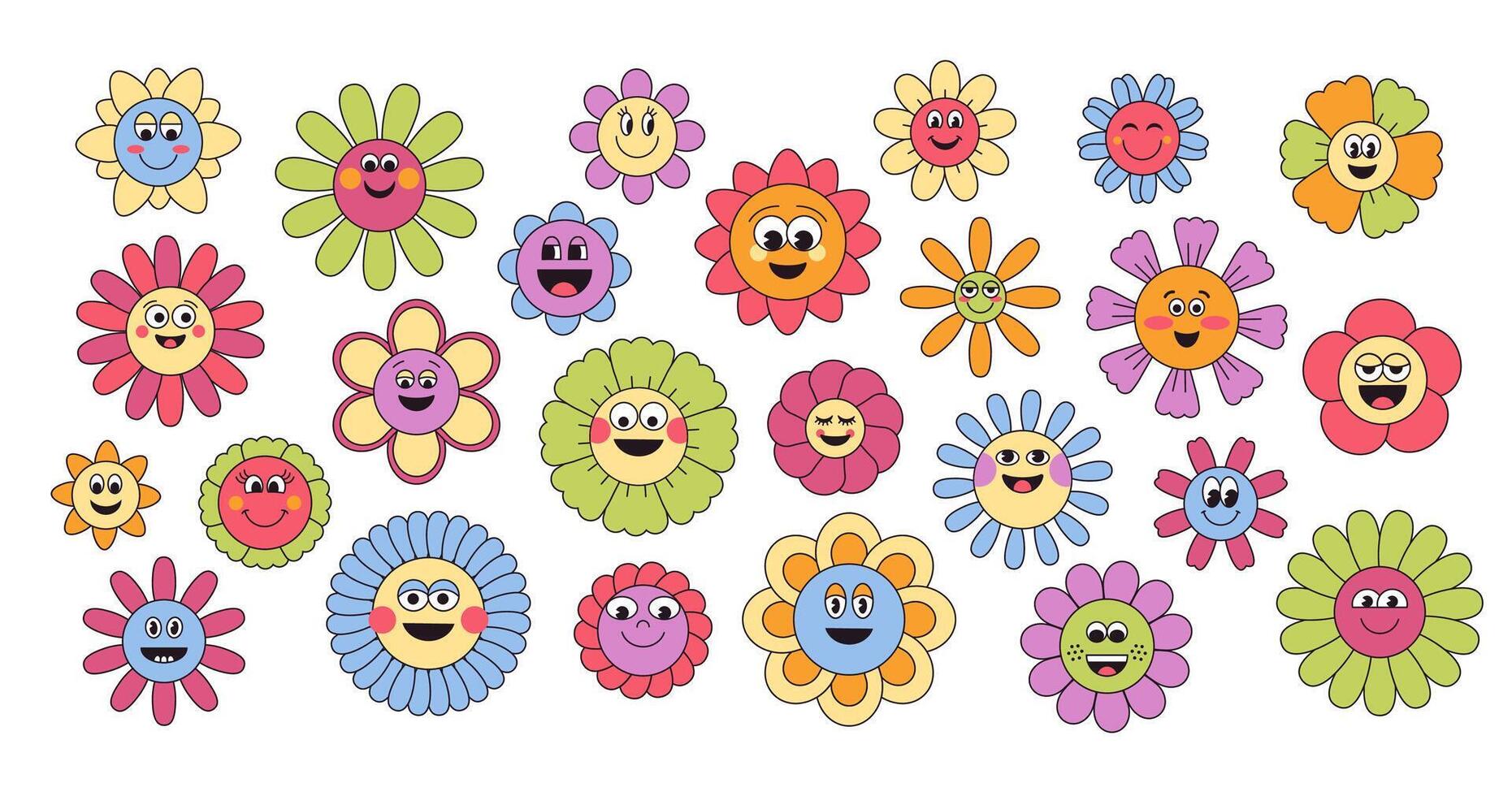 Groovy flower cartoon characters. Cute retro 60s 70s floral abstract characters, psychedelic cute funky daisy hippie flowers. isolated set vector