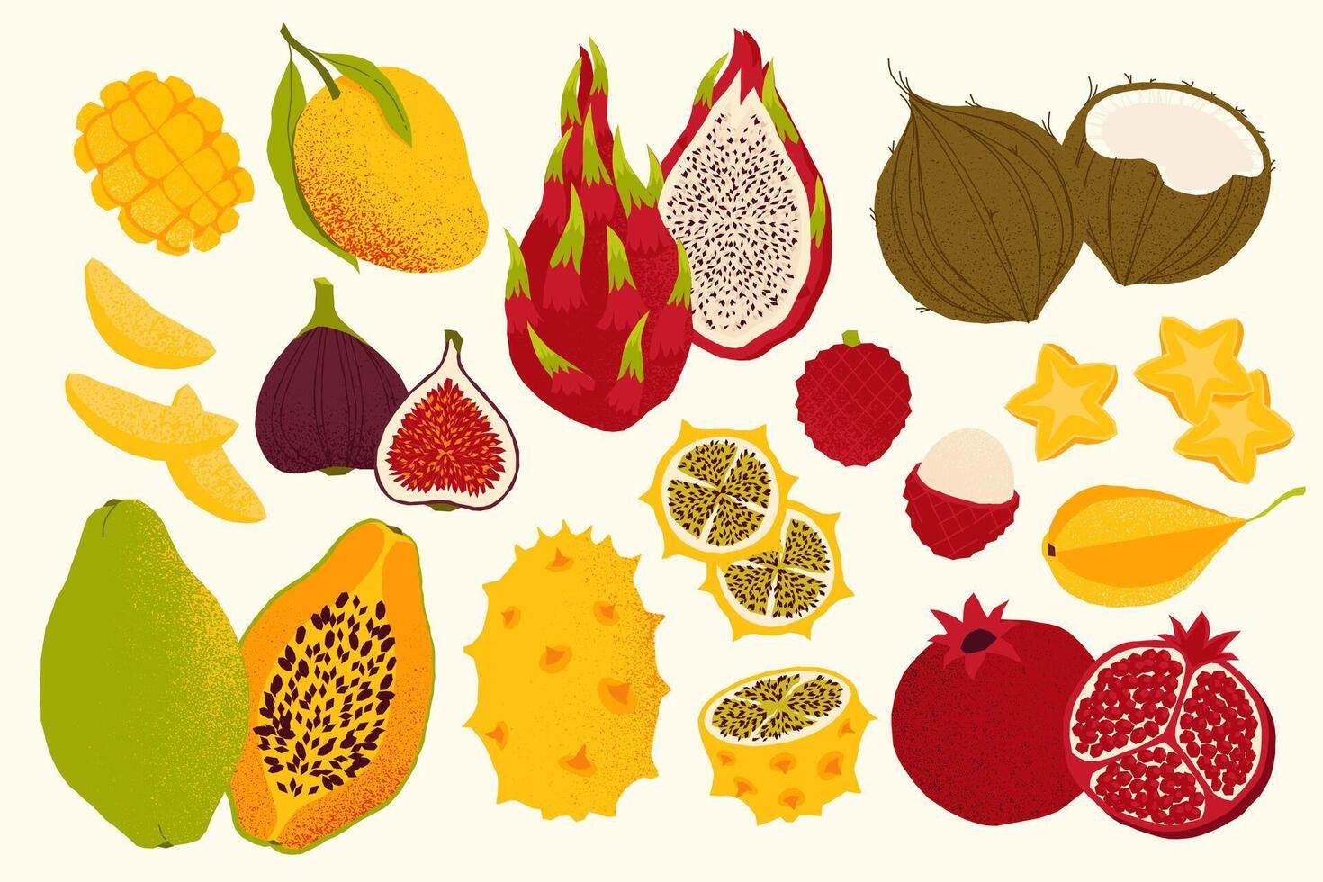 Sliced fruits. Cartoon exotic ripe fruit pieces, colorful tropical sweet and sour berry and citrus fruits flat style. isolated collection vector