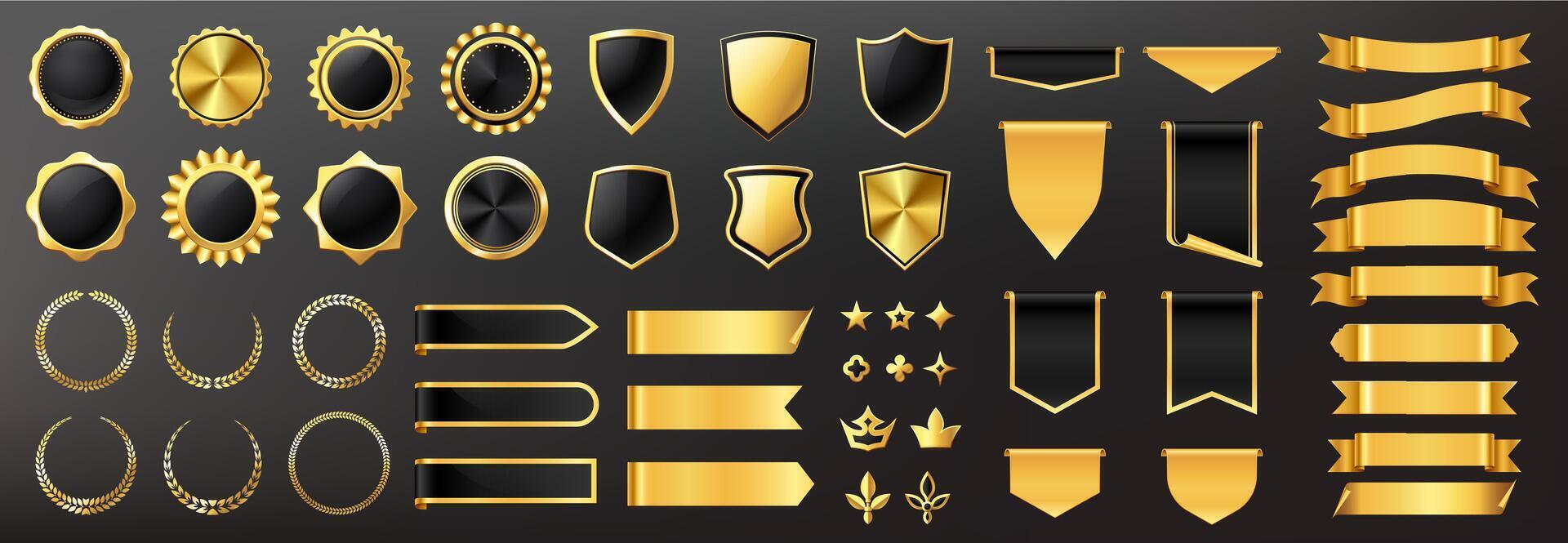 Luxury golden labels elements. Cartoon premium badges and stickers collection with golden glitters and shiny foil textures. certificate seals set vector