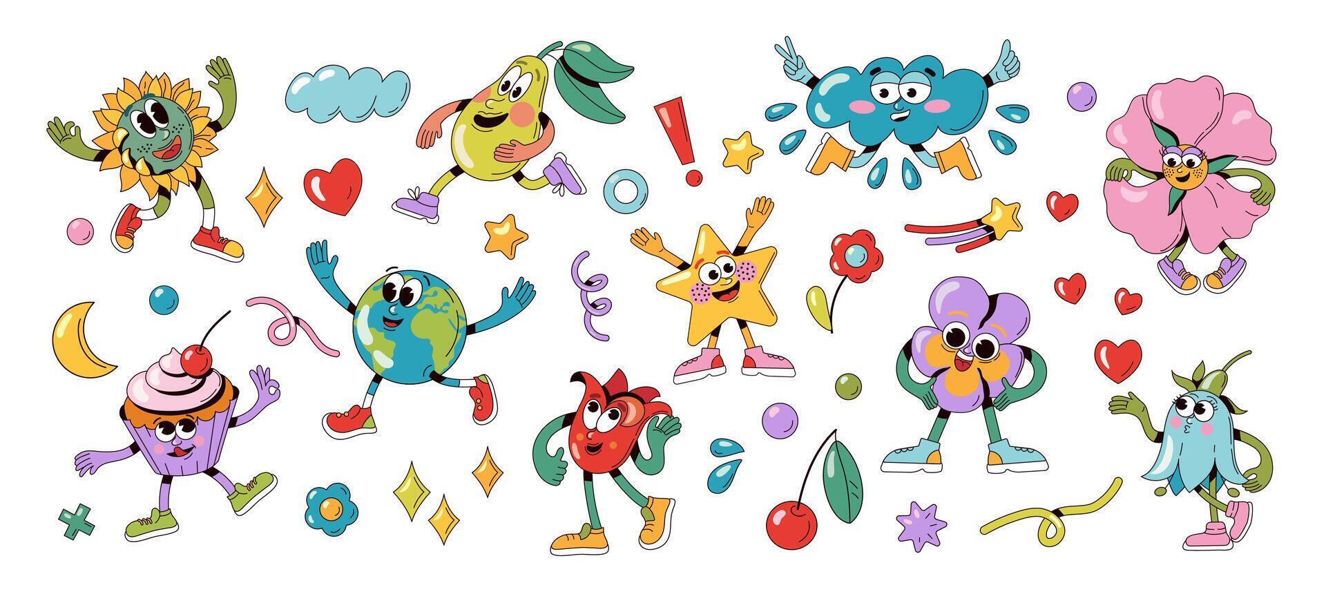 Groovy cartoon characters. Cute 70s 80s retro comic abstract groovy figures, colorful funny doodle psychedelic people with different emotions. isolated set vector