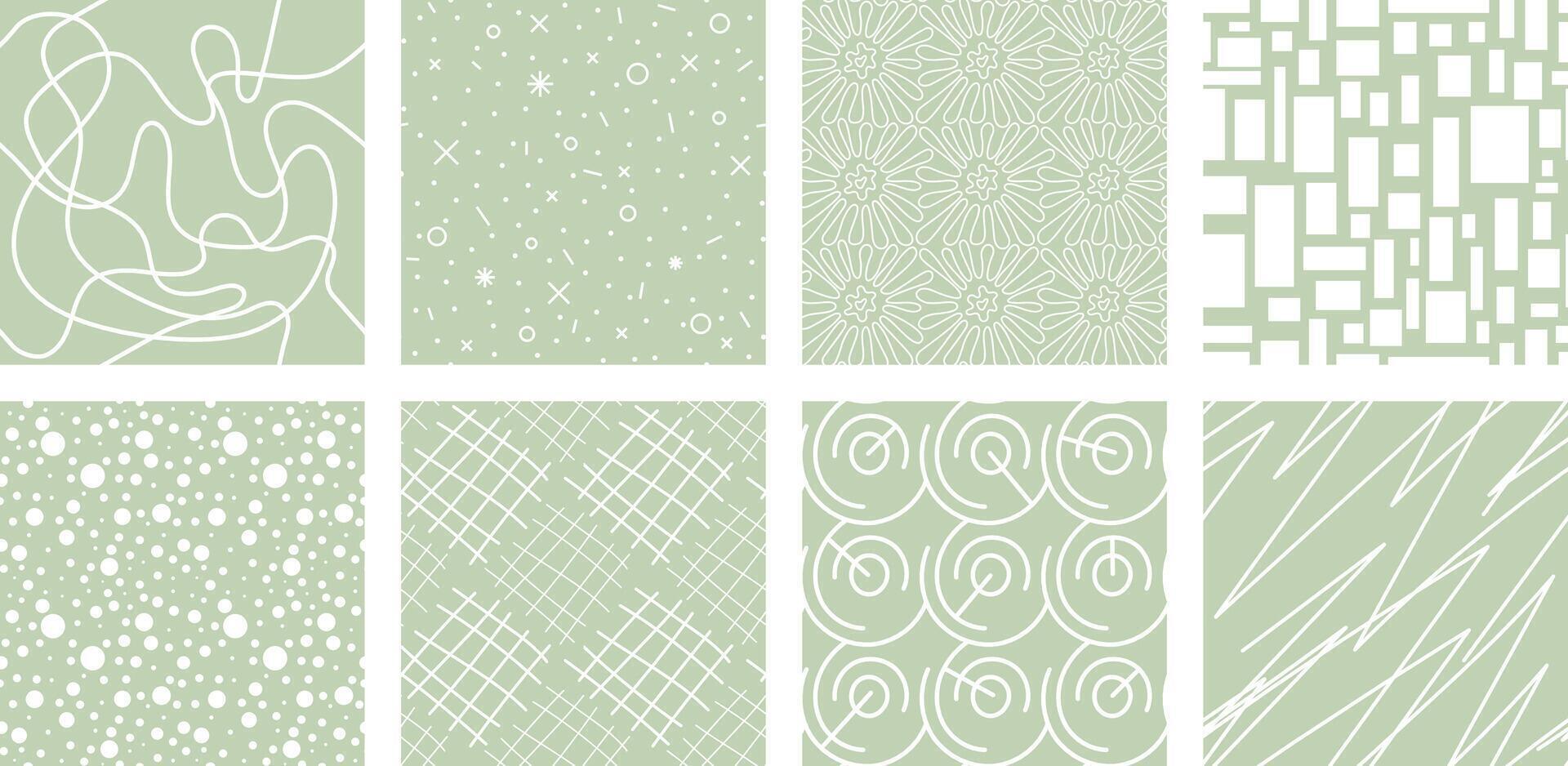 Neutrals color abstract seamless pattern set. Endless geometric linear basic shapes print. Trendy neutral colors aesthetic figures backgrounds. Pastel light green boho style light brown fabric texture vector