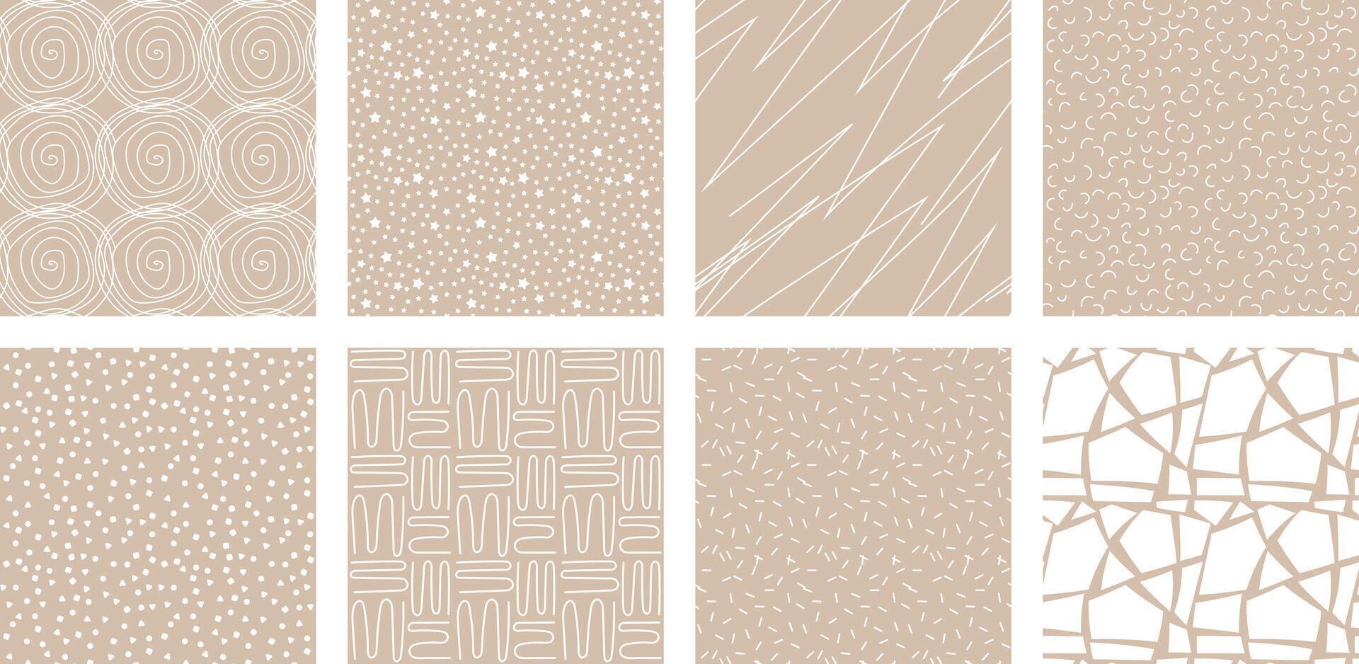 Neutrals color abstract seamless pattern set. Beige endless graphic linear basic shapes print. Trendy neutral colors aesthetic forms backdrop. Contemporary pastel boho style light brown fabric texture vector