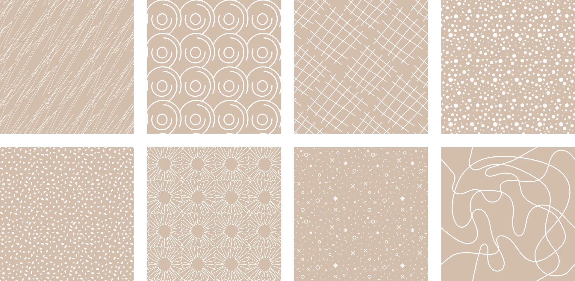 Neutrals color art abstract seamless pattern set. Beige endless geometric linear basic shapes print. Trendy neutral colors aesthetic figures background. Pastel boho style light brown fabric texture vector