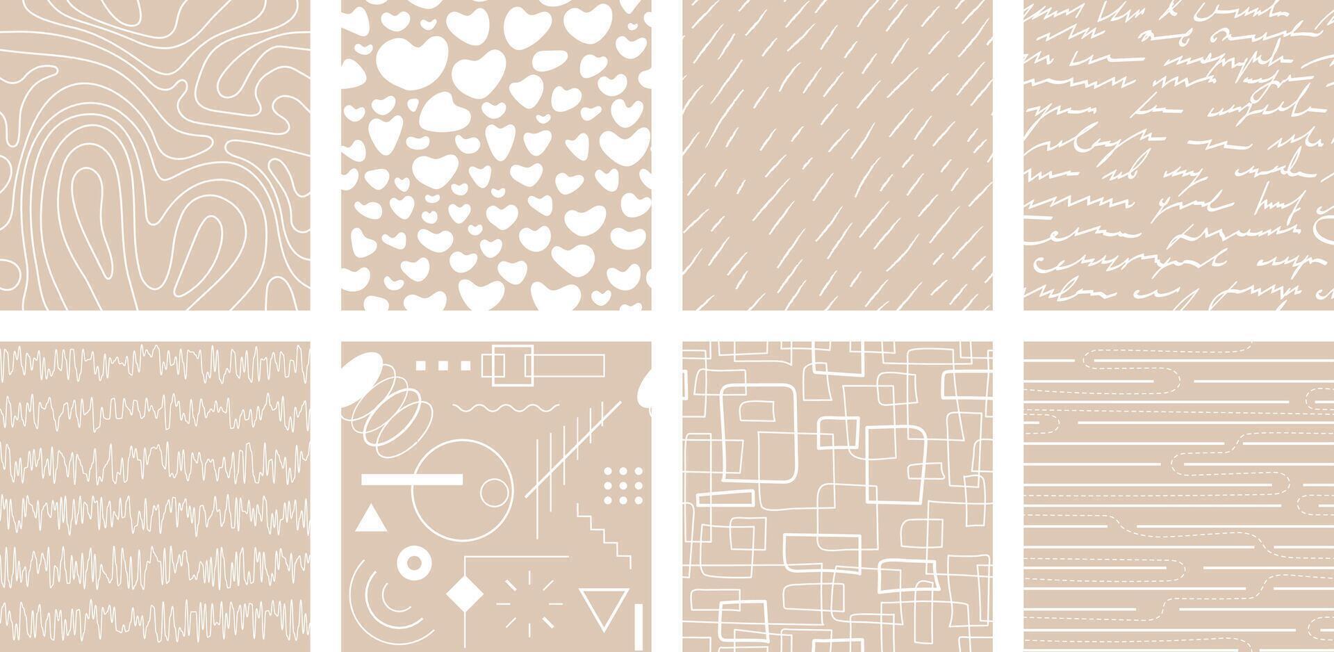 Neutrals color abstract seamless pattern set. Beige endless graphic linear basic shapes print. Trendy neutral colors aesthetic contemporary figures backdrop. Pastel light brown boho style texture. Eps vector